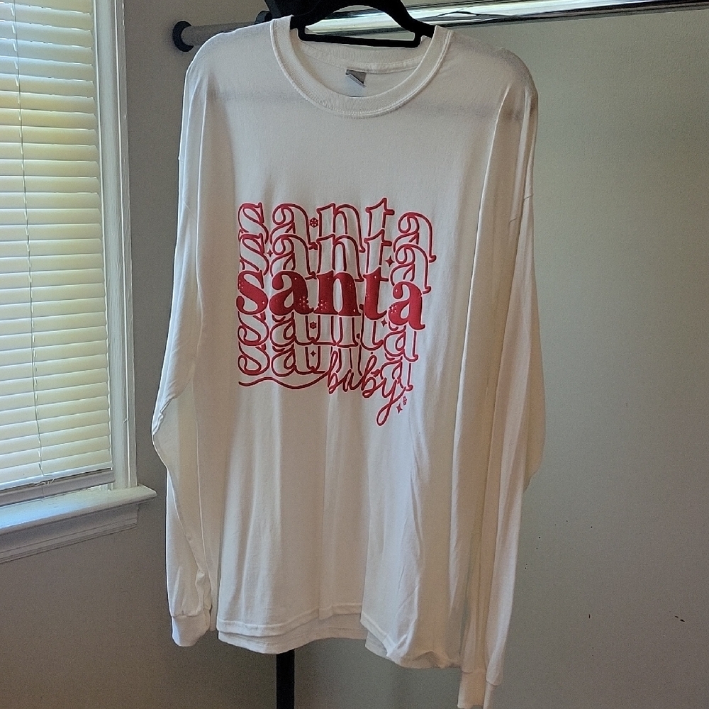Gildan White Long Sleeve Tee with Red Santa Print
